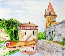 Lustrac Lock on the Lot River, water colour