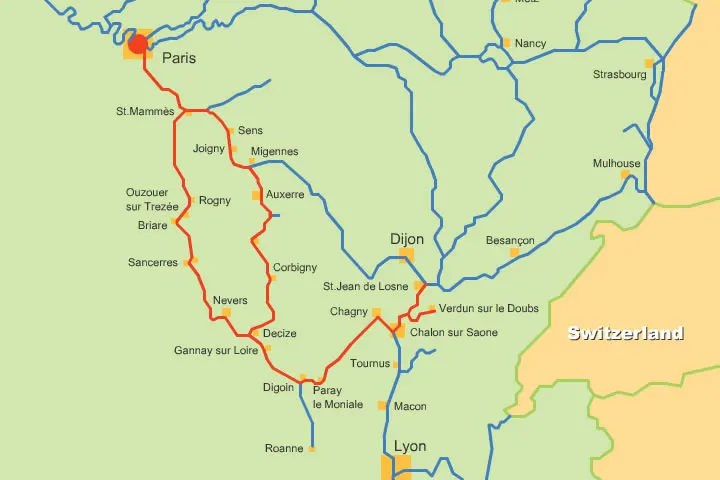 cruise route map from St.Jean-de-Losne to Paris